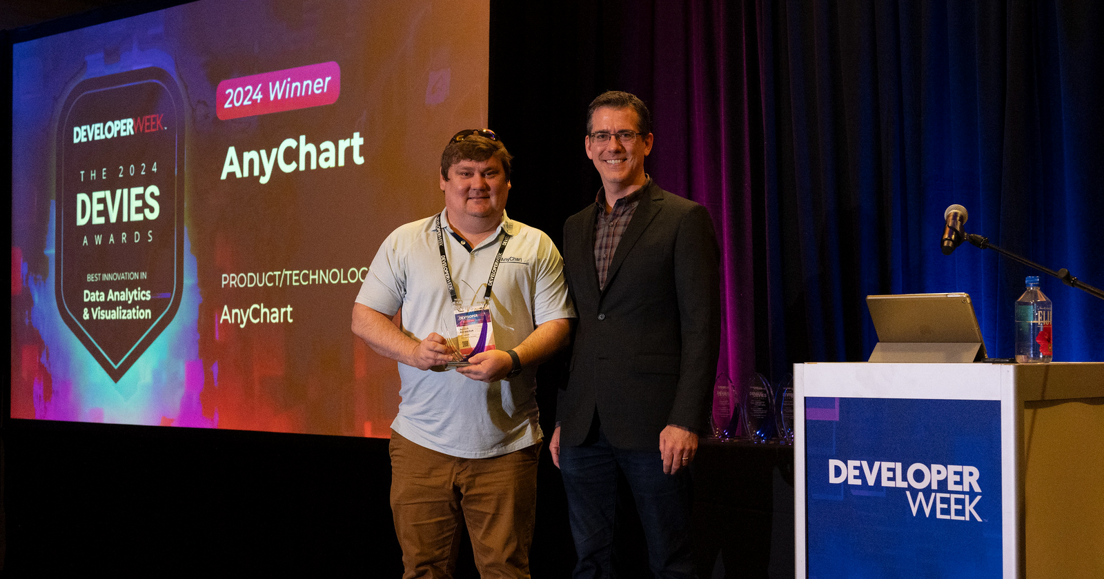 Receiving the award: Anton Baranchuk, CEO & co-founder of AnyChart, and Jonathan Pasky, Executive Producer of DevNetwork, producer of DeveloperWeek & 2024 DEVIES Awards